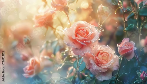 Morning dew clings to the petals of roses in a sunlit garden, evoking a sense of new beginnings, kawaii water color