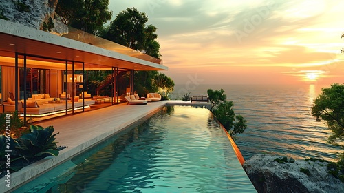 exterior photo of a mid-century modern style house overlooking the ocean, daylight, indirect lighting, magazine portrait style. photo