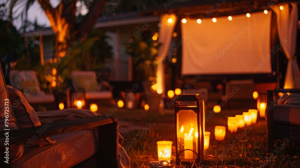 Fototapeta premium The charming setting of an outdoor movie night lit by the warm glow of candles and the fiery glow of a crackling fire. 2d flat cartoon.
