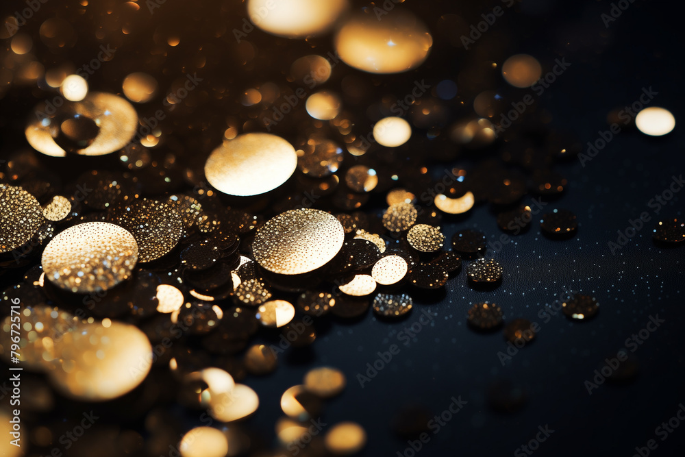 Round gold confetti of various sizes on a black background. Fun sparkling attribute of a birthday party. AI-generated Round gold confetti of various sizes on a black background. Fun sparkling attribute of a birthday party. AI-generated