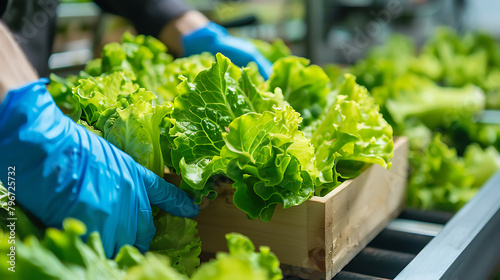 Close-up of farmer's hands in blue gloves holding fresh green lettuce in wooden box
