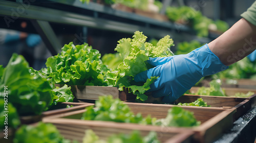 Hand in blue glove picking fresh green lettuce from tray in hydroponic farm