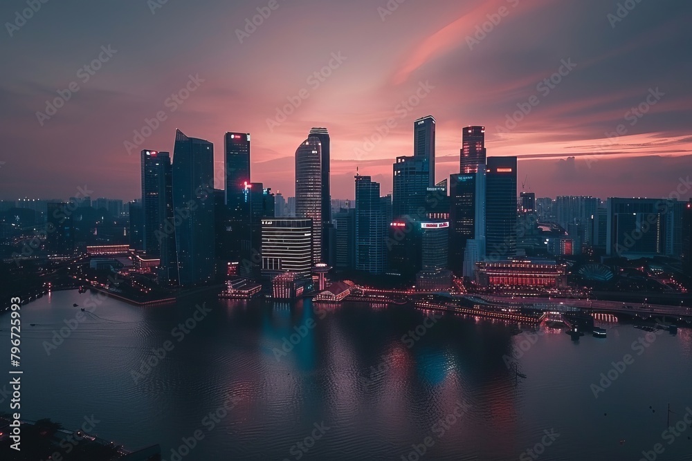 Fototapeta premium Vibrant sunset contemporary city skyline with majestic skyscrapers in silhouette