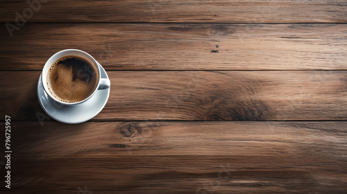 Artistic shot of a simple white cup of black coffee, placed slightly offcenter on a wooden table with visible wood grains, creating a minimalist yet inviting image suitable for a coffee shops social m