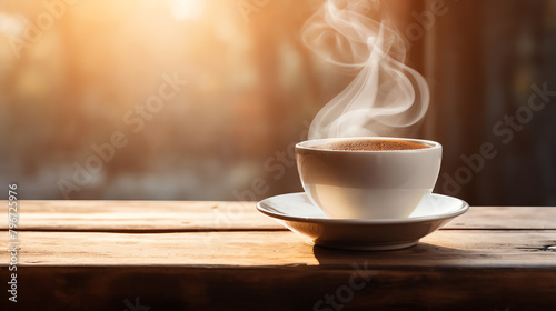Closeup shot of a steaming white coffee cup, centered on a rustic wooden table, with morning light softly illuminating the steam, perfect for a cozy cafe menu or a blog about morning rituals