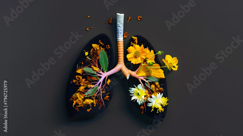 creative image of the lungs. one half with flowers and leaves, and the other black and with tobacco. concept of getting rid of bad habits world no tobacco day. photo