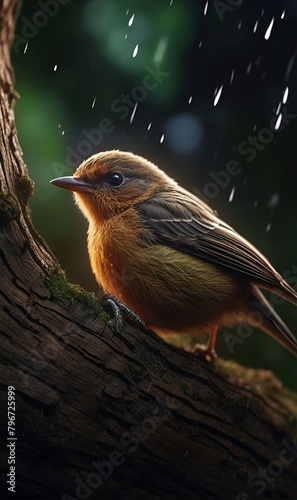 Carolina wren perched on twig, singing in the rain