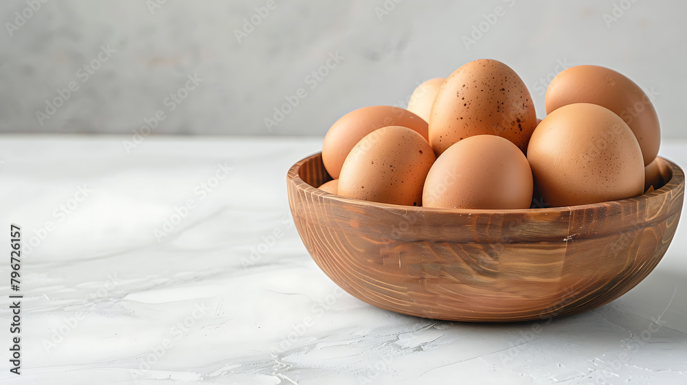 Eggs in a wooden bowl on a white marble background. Eggs in a wooden bowl on a white marble background.