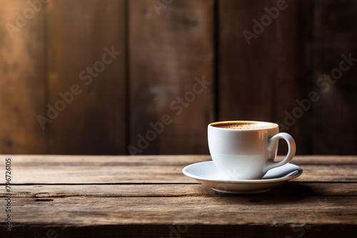 Warmtoned, inviting photo of a freshly brewed coffee in a white cup, set against the natural texture of a reclaimed wood table, with a focus on the contrast between the cup and the wood, great for a b