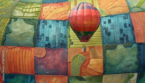 A charming, 3D cartoon hot air balloon floats gently over a patchwork of colorful fields, each quiltlike square telling its own unique story of rural life photo