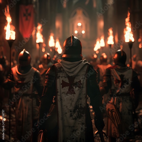 In a temple veiled in ancient darkness, lit only by the eerie glow of torchlight, a group of Templar knights, each adorned with the distinctive red cross patée insignia on their back.