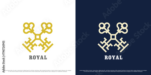 Royal key logo icon illustration. Silhouette of the royal door key crest imperial kingdom capital monarch majestic. Simple old vintage minimal design symbol abstract classic vintage.