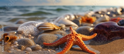 starfish that are carried by the current towards the beach with a beautiful beach view in the background. summer Vacation concept