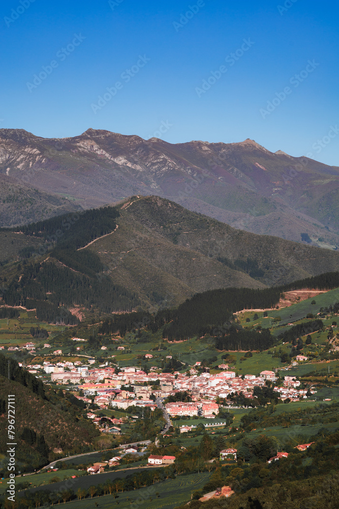 Aerial view of beautiful mountain village. Potes, Cantabria, Spain.