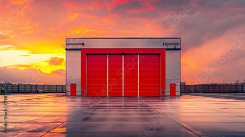 Fire station against a vibrant sunset, the iconic red doors standing out, conveying the readiness and preparedness of the firefighters within. photo