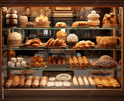 A bakery display case filled with an assortment of freshly baked pastries, tempting and delicious. Generative AI