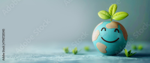 Fototapeta Naklejka Na Ścianę i Meble -  3d cute earth with smile and leaf on top, pastel color background for world environment day concept banner design, copy space area