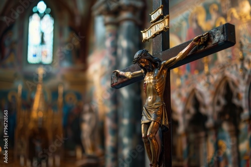 Elegantly crafted crucifix in a church setting with soft focus on the background, depicting a serene and hallowed atmosphere.

