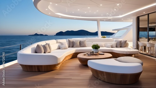 A large outdoor lounge and backlit stone bar with teak decking and white furniture on a super yacht. Generative AI. photo