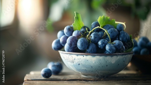 Rustic bowl of fresh blue grapes with vibrant leaves, soft sunlight, wooden background.
