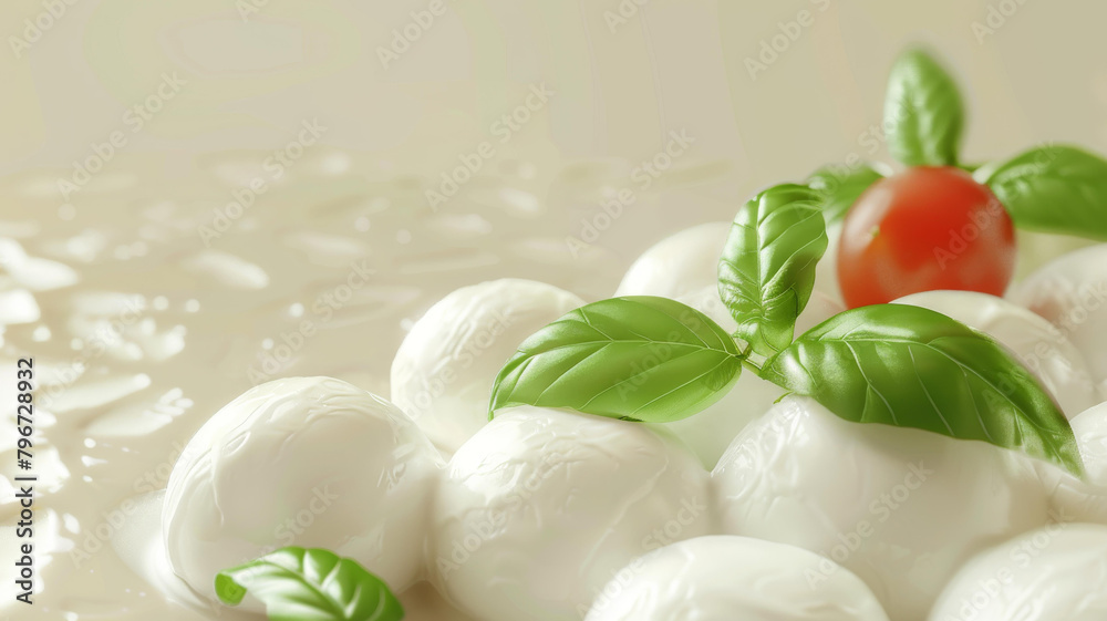 Fresh mascarpone balls with basil and tomato, creamy texture. Ideal for culinary design. Fresh mascarpone balls with basil and tomato, creamy texture. Ideal for culinary design.