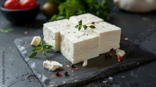 Fresh Turkish cheese (panir) on slate with herbs and spices, ideal for culinary themes.