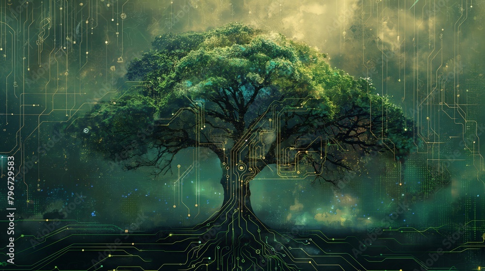 Digital art of a tree with glowing circuit patterns. Futuristic nature and technology concept for poster, wallpaper. Illustration with copy space.