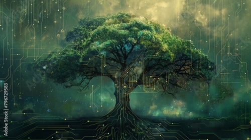 Digital art of a tree with glowing circuit patterns. Futuristic nature and technology concept for poster  wallpaper. Illustration with copy space.