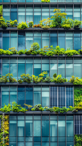 The facade of a corporate building featuring green roofs and solar panels, symbolizing commitment to sustainability in a metropolitan area
