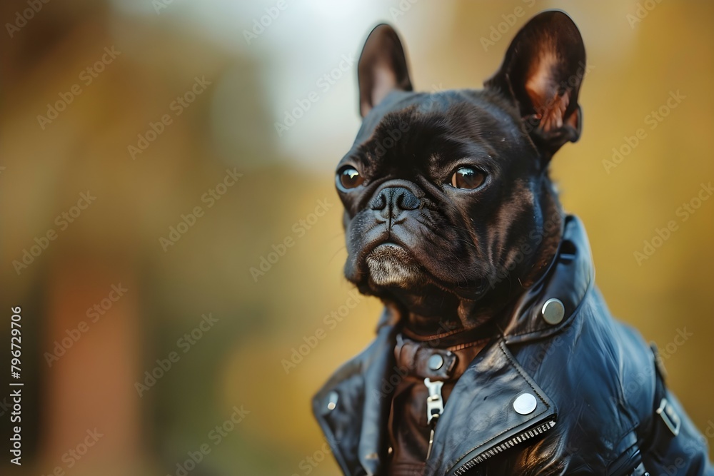 Fashionable dog in leather jacket encourages pet ownership with confidence boost. Concept Fashion, Pets, Confidence, Leather Jacket, Pet Ownership