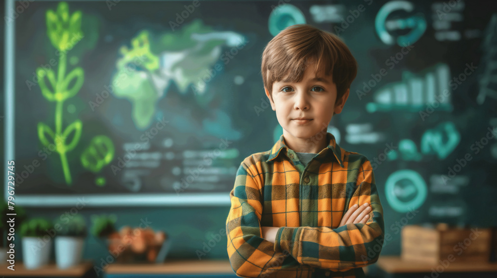 Ecology presentation lesson. Young boy with arms crossed in front of a smartboard displaying environmental graphics. Education and technology concept for design and print, portrait with copy space. Ecology presentation lesson. Young boy with arms crossed in front of a smartboard displaying environmental graphics. Education and technology concept for design and print, portrait with copy space.