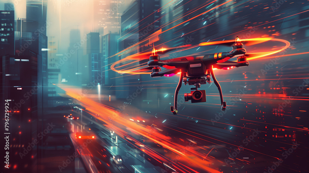 Drone flying over city at dusk with dynamic light trails. Cyberpunk theme and urban exploration concept suitable for design and print, poster, wallpaper, with a sense of motion and technology.