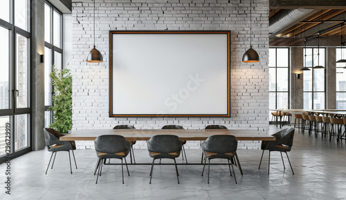 modern dining room with a white brick wall, a mockup poster frame on the wall and a long wooden table for a conference meeting presentation