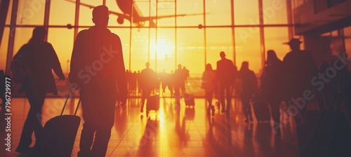 Dynamic airport terminal filled with bustling travelers and airplanes taking off and landing