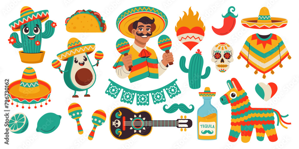 Cinco de Mayo sticker set, May 5, federal holiday in Mexico. Fiesta banner and poster design with flags, decorations Cinco de Mayo sticker set, May 5, federal holiday in Mexico. Fiesta banner and poster design with flags, decorations