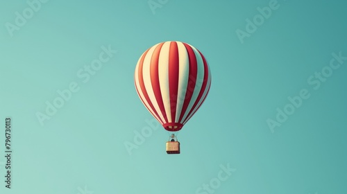 Striped hot air balloon floating in clear sky. Vintage adventure and travel concept for design and print, with copy space.