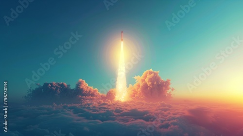 Rocket launch into sky at sunset. Space exploration and travel concept for poster and educational material, depicting innovation and technology.