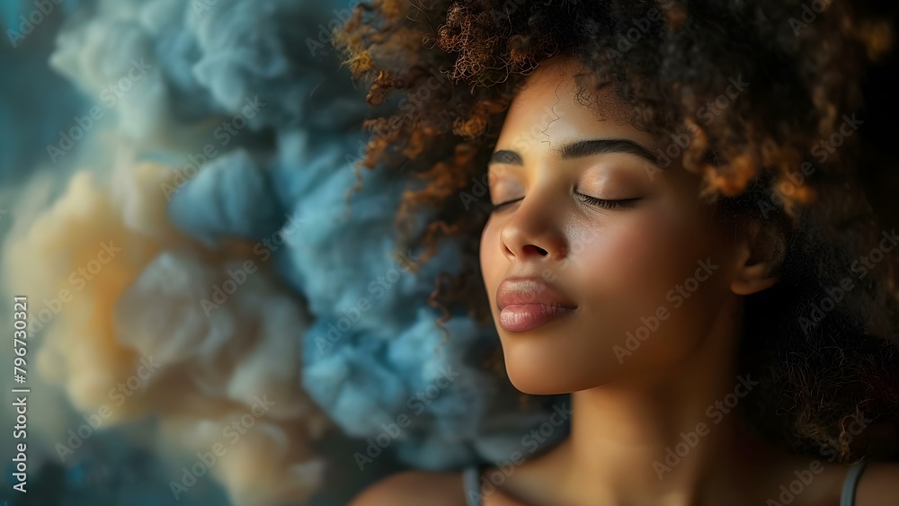 Tranquil Image of an African American Woman Sleeping Peacefully with Dreamy Clouds Symbolizing Deep Relaxation. Concept Portrait Photography, African American Woman, Tranquility, Serene Sleep