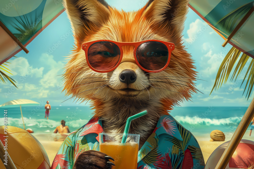 Fox in sunglasses and Hawaiian shirt with cocktail on beach. Digital art illustration with vibrant summer holiday concept poster, postcard, and banner design. Close-up portrait with beach background.