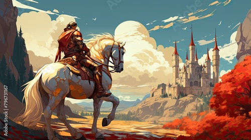 a image character design of a brave knight in shining armor riding on a white horse, with a red and gold color scheme against a medieval castle background, AI Generative photo