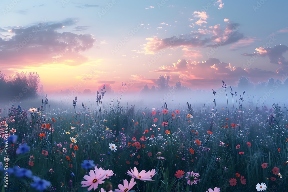 A tranquil meadow bathed in the soft glow of dawn, where wildflowers sway gently in the morning breeze