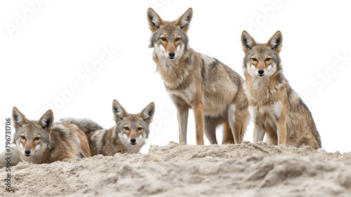 A pack of coyotes on sand with an attentive gaze, isolated on a white background.