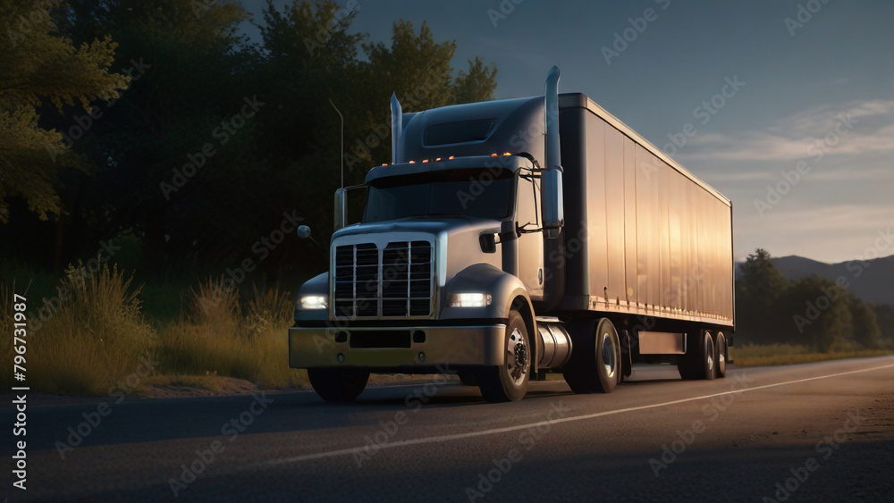 A sleek blue semi-truck with a shining trailer driving on a highway under the evening sky, emitting a sense of power and efficiency.