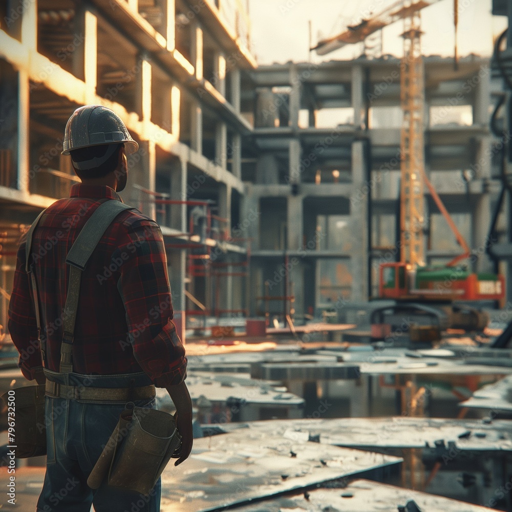 A man in a hard hat stands in front of a construction site
