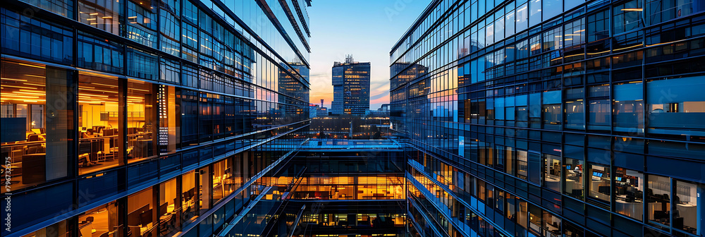 office building stands tall against a clear blue sky, with its glass windows reflecting