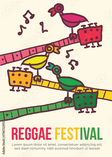 three little birds standing at guitar concept. abstract prehistoric images reggae festival template poster vector illustration.