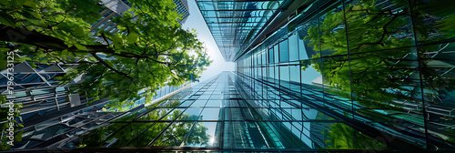 glass building stands tall against a clear blue sky, with a lush green tree in the foreg photo