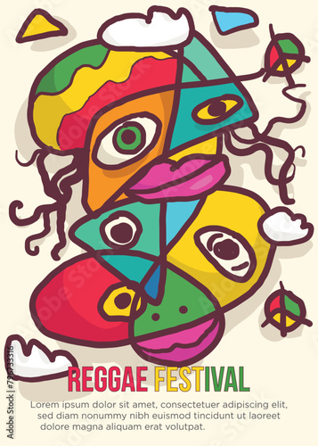 collage face of dreadlock reggaeman concept. abstract prehistoric images reggae festival template poster vector illustration.