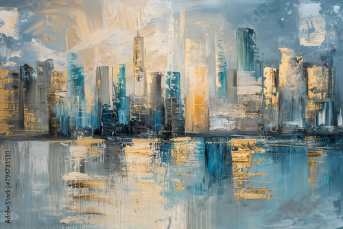 Bold and modern depiction of a cityscape gold and blue abstract interior painting
