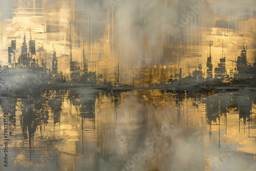 Abstract urban skyline in shimmering gold and dark hues, gold and gray abstract interior painting